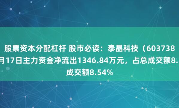 股票资本分配杠杆 股市必读：泰晶科技（603738）9月17日主力资金净流出1346.84万元，占总成交额8.54%